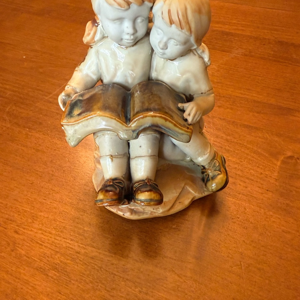 Cream and Brown Art Sculpture of Reading Figures. Ceramic - Picture 3 of 3